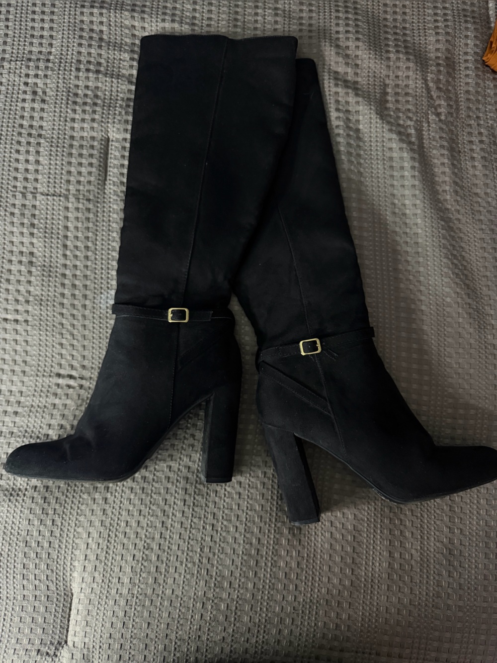 Black Suede Knee-High Block Heel Boots